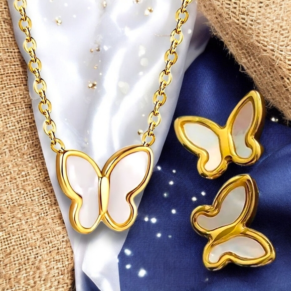 🆕️ 18K Gold Butterfly Jewelry Set with Mother of Pearl Inlay Necklace Earrings - Picture 1 of 13